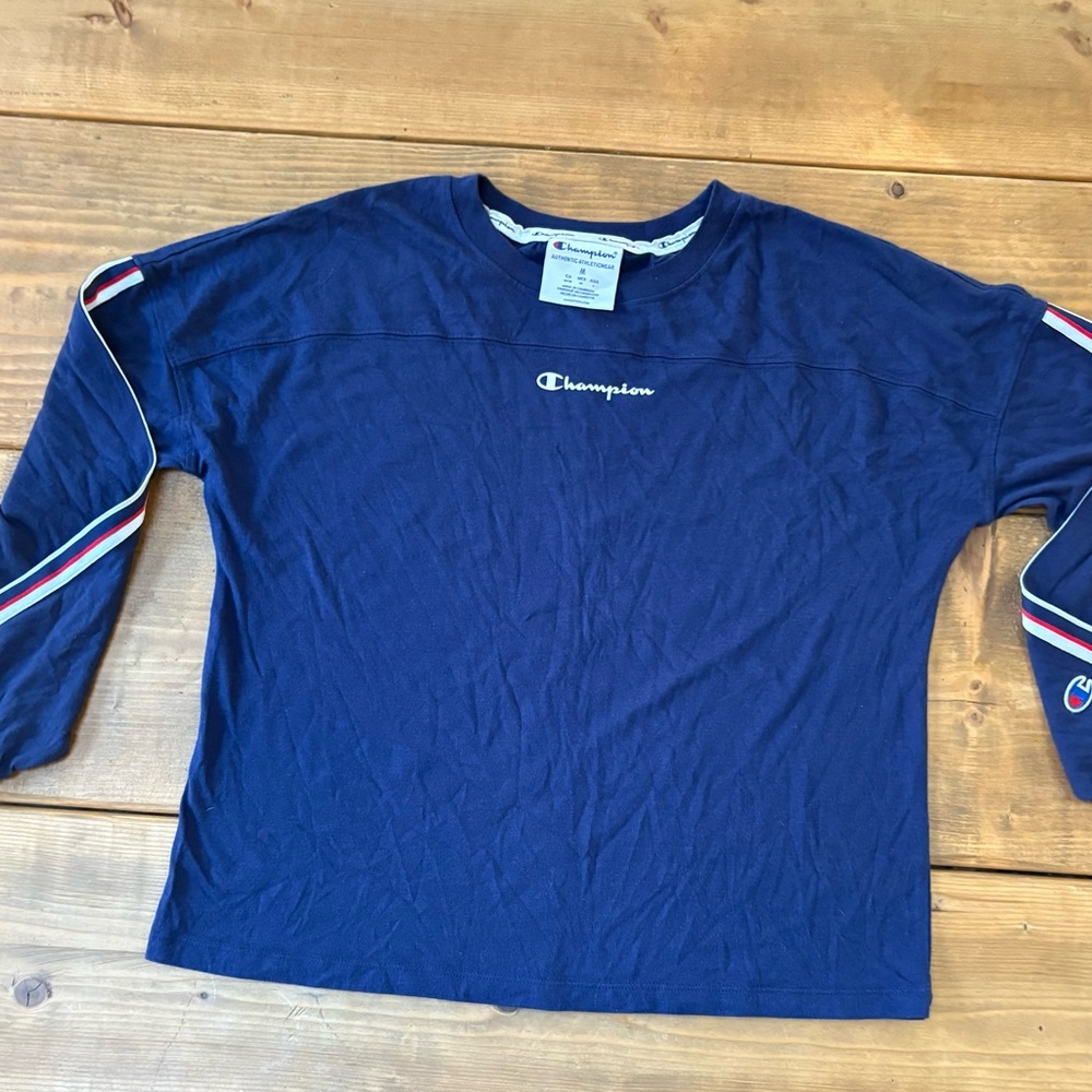 Champion Blue Long Sleeve Top with Striped Sleeves